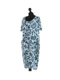 Italian Floral Print Lagenlook Linen Dress-Aqua side