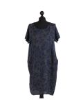 Italian Floral Print Lagenlook Linen Dress-Charcoal