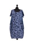 Italian Floral Print Lagenlook Linen Dress-Navy