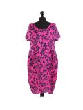 Italian Floral Print Lagenlook Linen Dress-Fuchsia