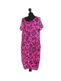 Italian Floral Print Lagenlook Linen Dress-Fuchsia side