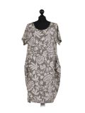 Italian Floral Print Lagenlook Linen Dress-Khaki