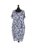 Italian Floral Print Lagenlook Linen Dress-Grey