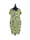 Italian Floral Print Lagenlook Linen Dress-Lime