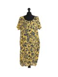 Italian Floral Print Lagenlook Linen Dress-Mustard