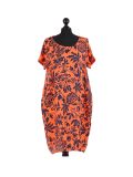 Italian Floral Print Lagenlook Linen Dress-orange