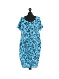 Italian Floral Print Lagenlook Linen Dress-Turquoise