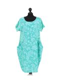 Italian Floral Print Linen Lagenlook Dress-Aqua