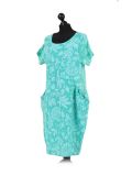 Italian Floral Print Linen Lagenlook Dress-Aqua side