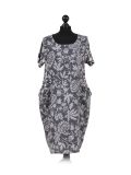 Italian Floral Print Linen Lagenlook Dress-Charcoal