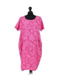 Italian Floral Print Linen Lagenlook Dress-Fuchsia