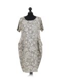Italian Floral Print Linen Lagenlook Dress-Khaki