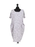 Italian Floral Print Linen Lagenlook Dress-Light grey