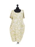 Italian Floral Print Linen Lagenlook Dress-Lime
