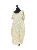 Italian Floral Print Linen Lagenlook Dress-Lime side