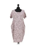 Italian Floral Print Linen Lagenlook Dress-Mocha