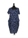 Italian Floral Print Linen Lagenlook Dress-Navy