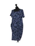 Italian Floral Print Linen Lagenlook Dress-Navy side