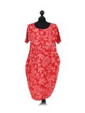 Italian Floral Print Linen Lagenlook Dress-Red
