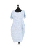 Italian Floral Print Linen Lagenlook Dress-Sky blue