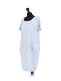 Italian Floral Print Linen Lagenlook Dress-Sky blue side
