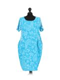 Italian Floral Print Linen Lagenlook Dress-Turquoise