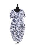 Italian Floral Print Linen Lagenlook Dress-White