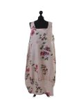 Italian Floral Print Sleeveless Linen Lagenlook Dress-beige