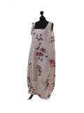Italian Floral Print Sleeveless Linen Lagenlook Dress-Beige side