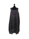 Italian Floral Print Sleeveless Linen Lagenlook Dress-Charcoal