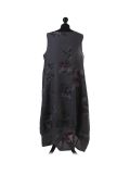 Italian Floral Print Sleeveless Linen Lagenlook Dress-Charcoal back