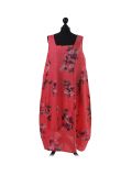 Italian Floral Print Sleeveless Linen Lagenlook Dress-Coral