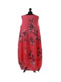 Italian Floral Print Sleeveless Linen Lagenlook Dress-Coral back