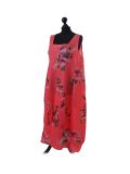Italian Floral Print Sleeveless Linen Lagenlook Dress-Coral side