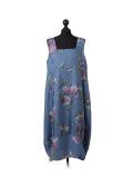 Italian Floral Print Sleeveless Linen Lagenlook Dress-Denim