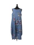 Italian Floral Print Sleeveless Linen Lagenlook Dress-Denim back