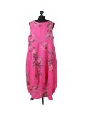 Italian Floral Print Sleeveless Linen Lagenlook Dress-Fuchsia back
