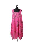 Italian Floral Print Sleeveless Linen Lagenlook Dress-Fuchsia