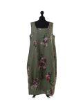 Italian Floral Print Sleeveless Linen Lagenlook Dress-Khaki