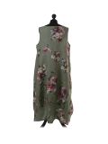 Italian Floral Print Sleeveless Linen Lagenlook Dress-Khaki back