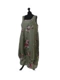 Italian Floral Print Sleeveless Linen Lagenlook Dress-Khaki side