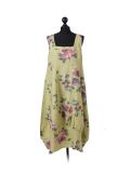 Italian Floral Print Sleeveless Linen Lagenlook Dress-Lime
