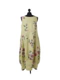 Italian Floral Print Sleeveless Linen Lagenlook Dress-Lime back
