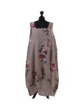 Italian Floral Print Sleeveless Linen Lagenlook Dress-Mocha