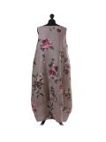 Italian Floral Print Sleeveless Linen Lagenlook Dress-Mocha back