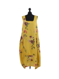 Italian Floral Print Sleeveless Linen Lagenlook Dress-Mustard