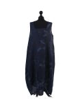 Italian Floral Print Sleeveless Linen Lagenlook Dress-Navy