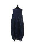 Italian Floral Print Sleeveless Linen Lagenlook Dress-navy back