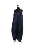Italian Floral Print Sleeveless Linen Lagenlook Dress-Navy side