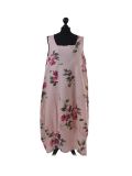 Italian Floral Print Sleeveless Linen Lagenlook Dress-Pink